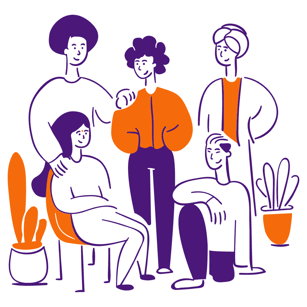 An illustration of a group of people stand and sit around together, looking happy and comfortable.