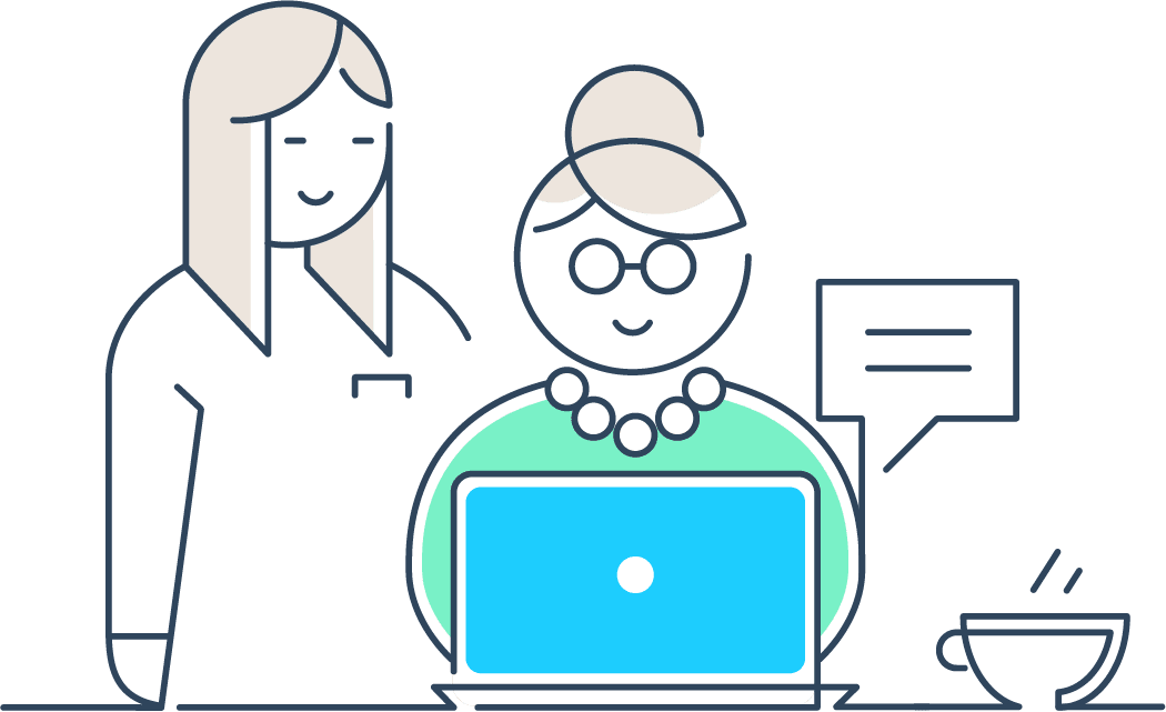 An Illustration of two women working at a laptop.
