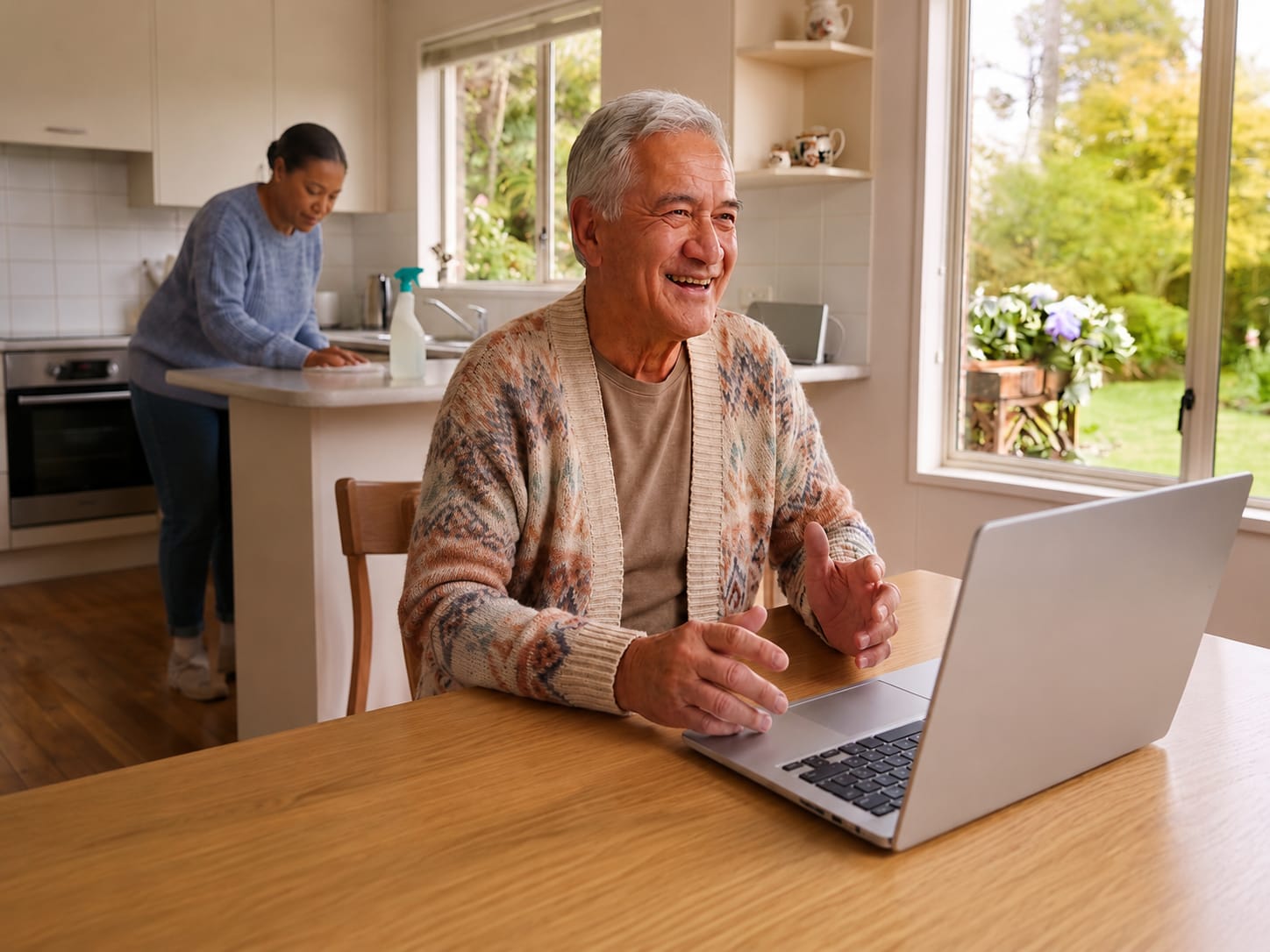 An older man sits at a table working on his laptop.