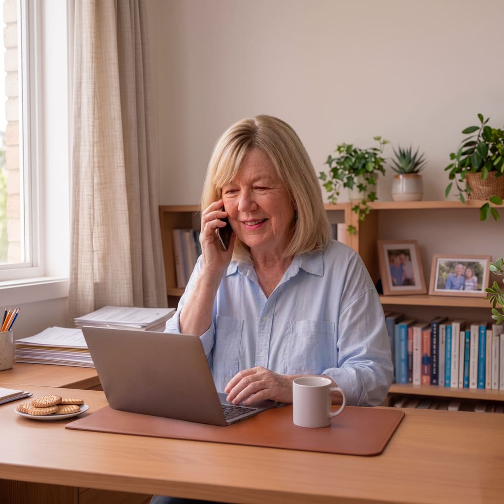 A coordinator on the phone and working on her laptop.